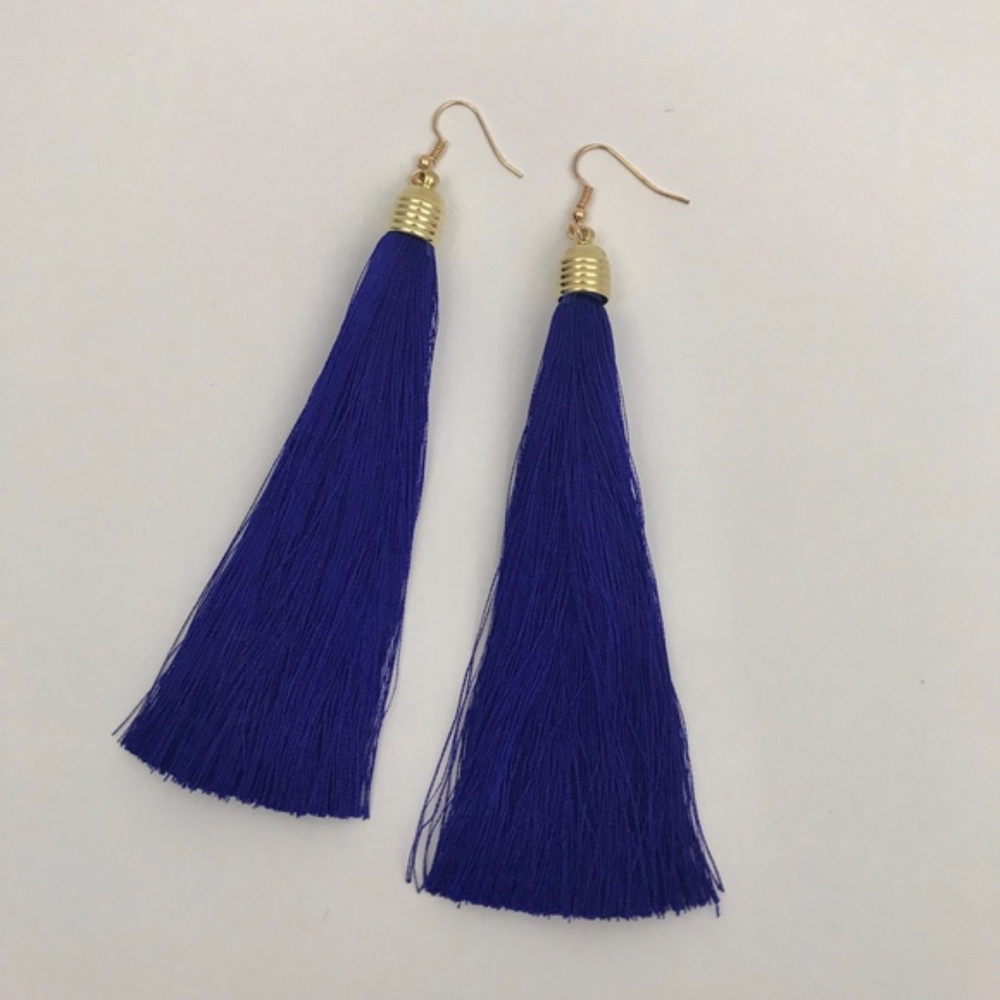 🔴 Cobalt Blue Long Drop Fringe Tassel Earrings